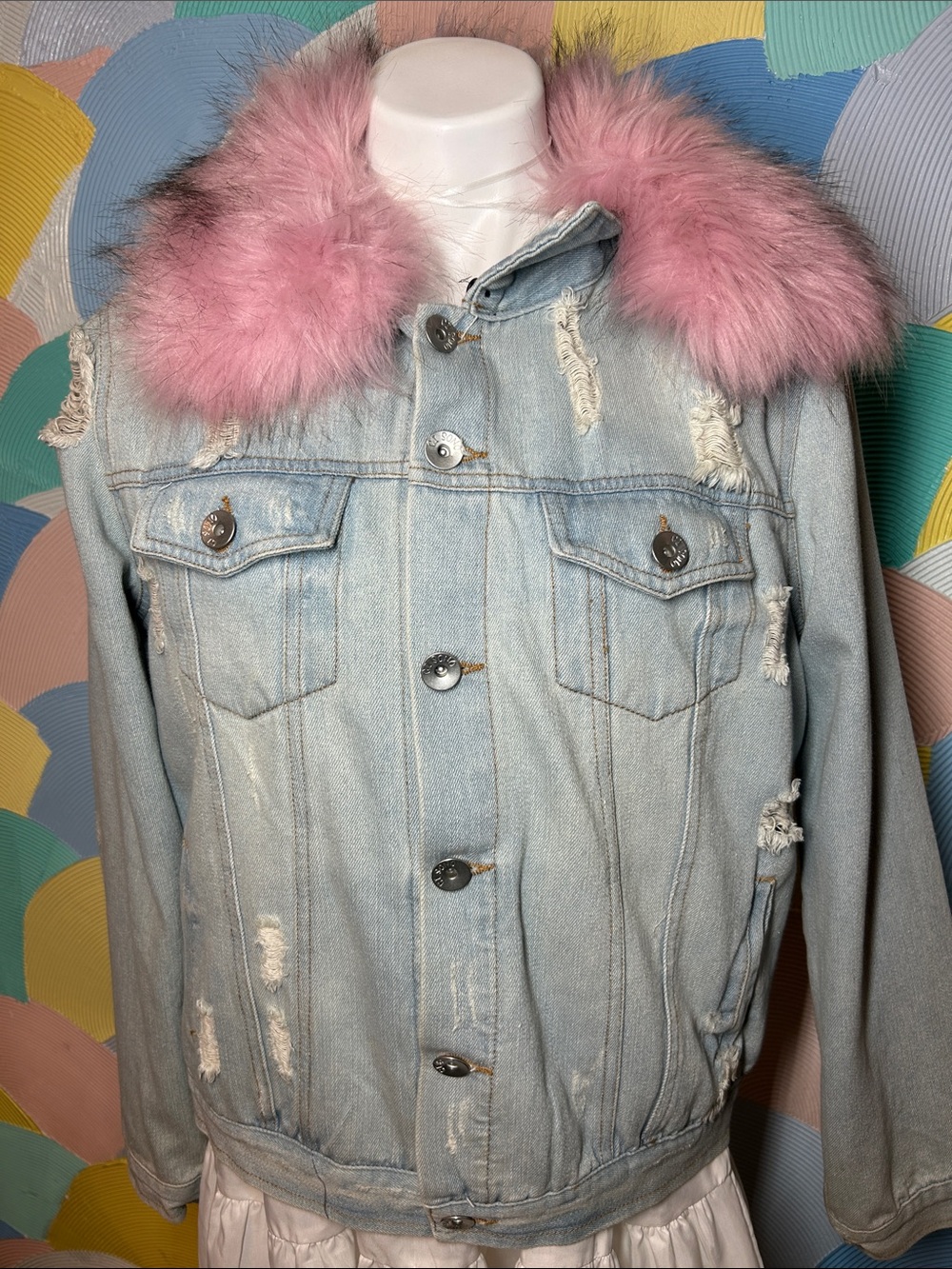 Si Sono Light Wash Denim Jacket with Pink Faux Fur Collar sz M